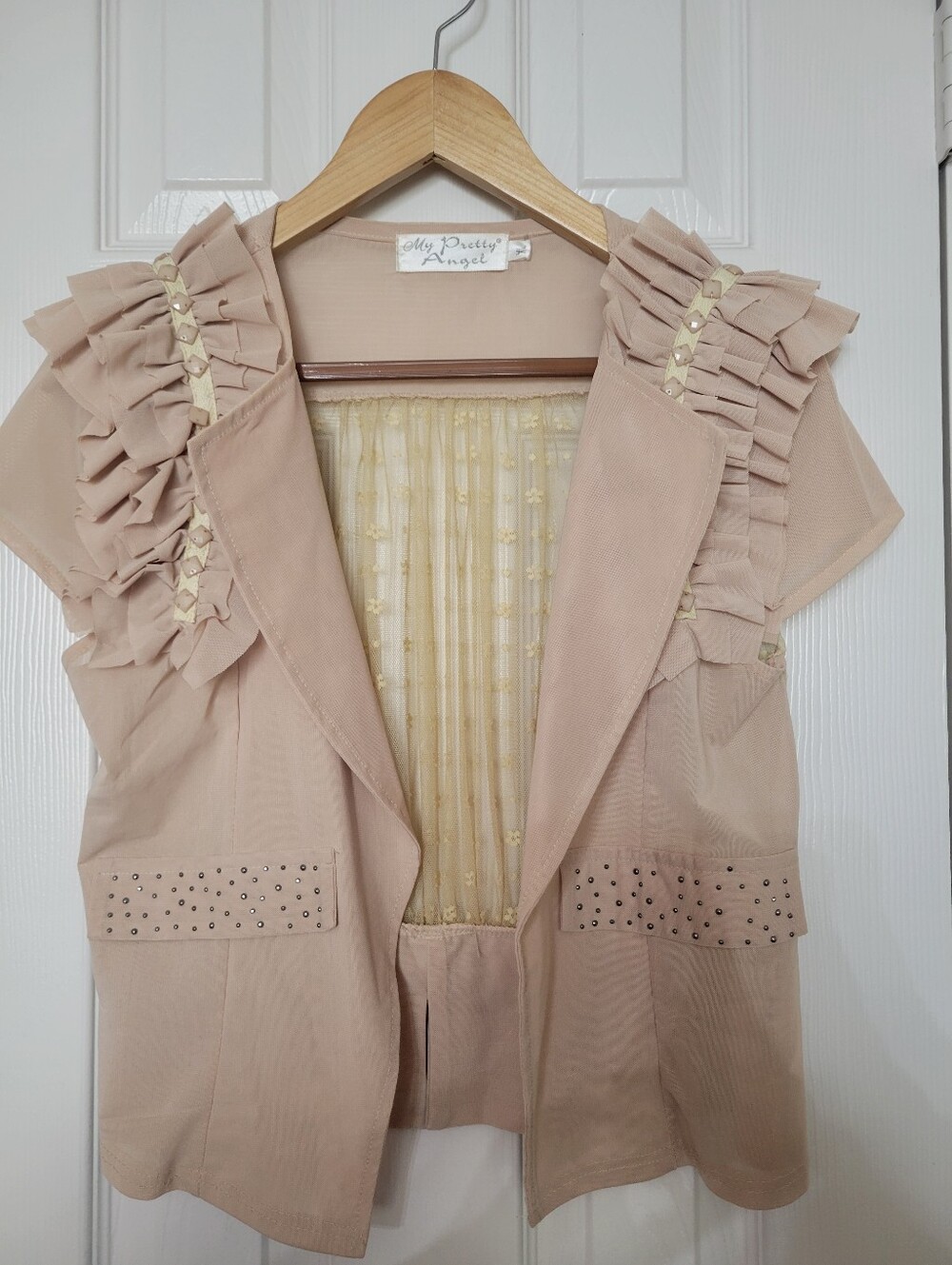 Tan/Beige Ruffle Short-Sleeve Cropped Jacket